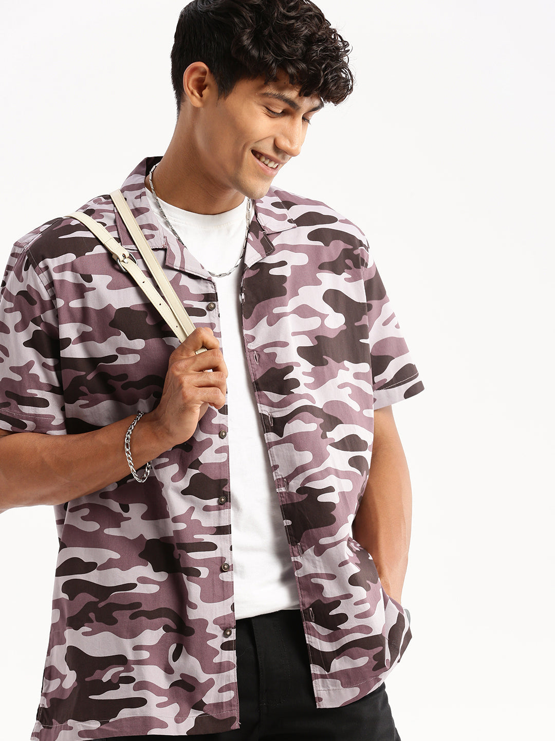 Men Lavender Cuban Collar Camouflage Shirt