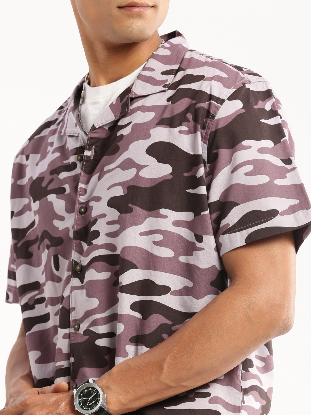 Men Lavender Cuban Collar Camouflage Shirt