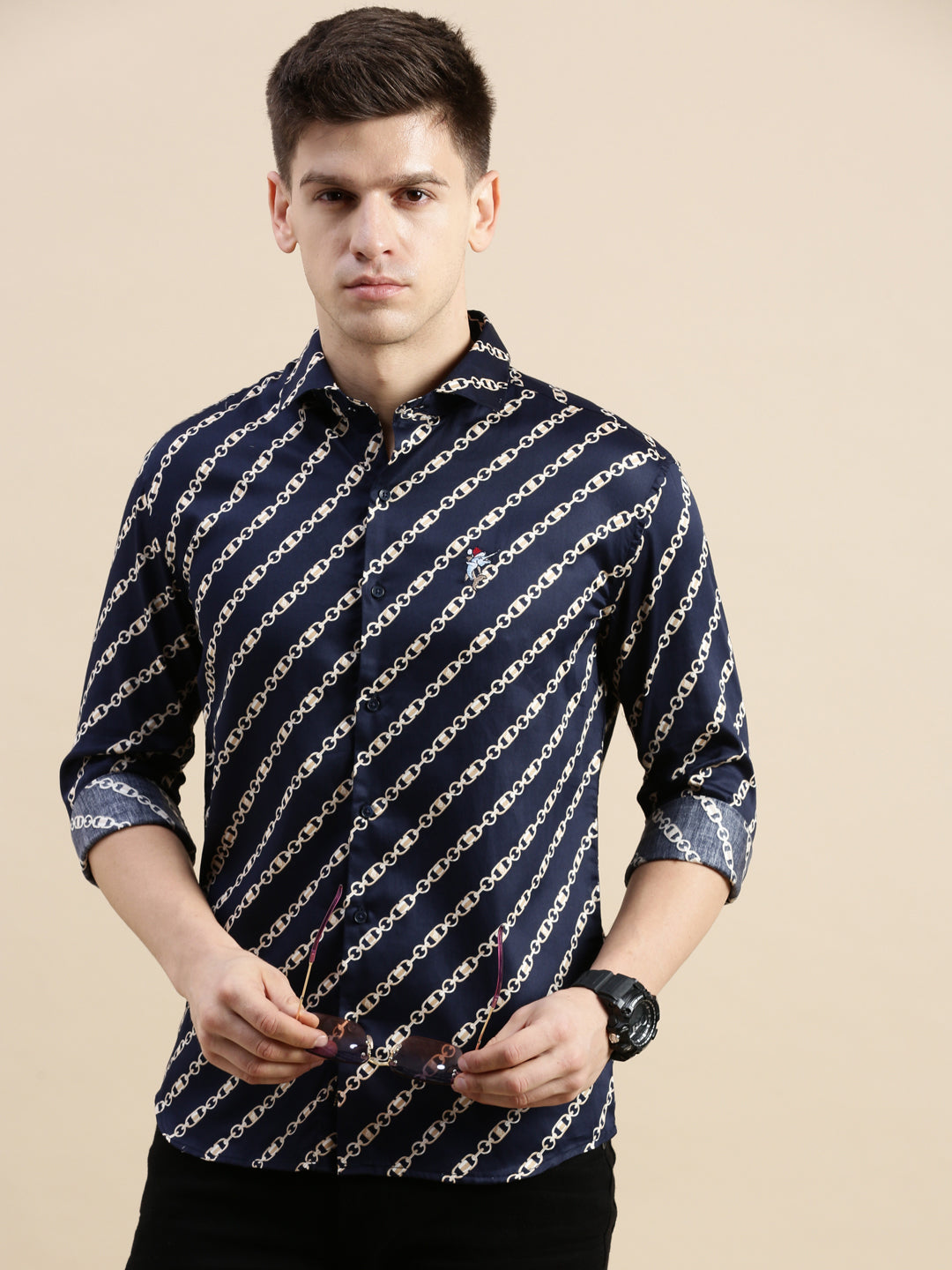 Men Navy Graphics Casual Shirt