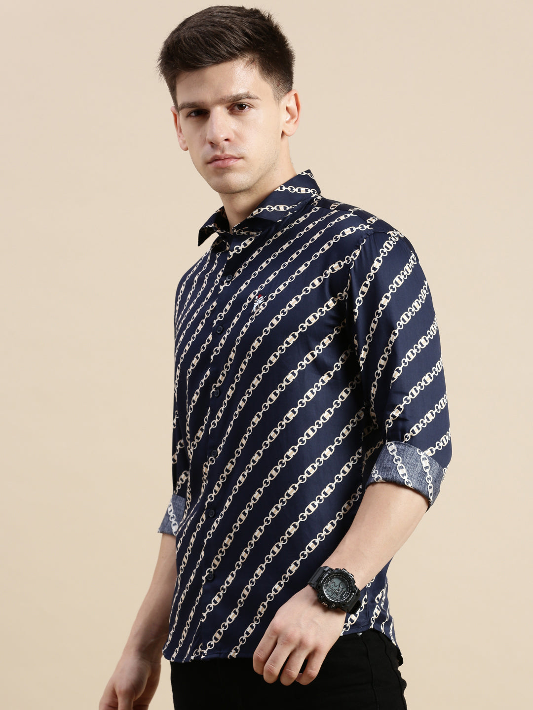 Men Navy Graphics Casual Shirt