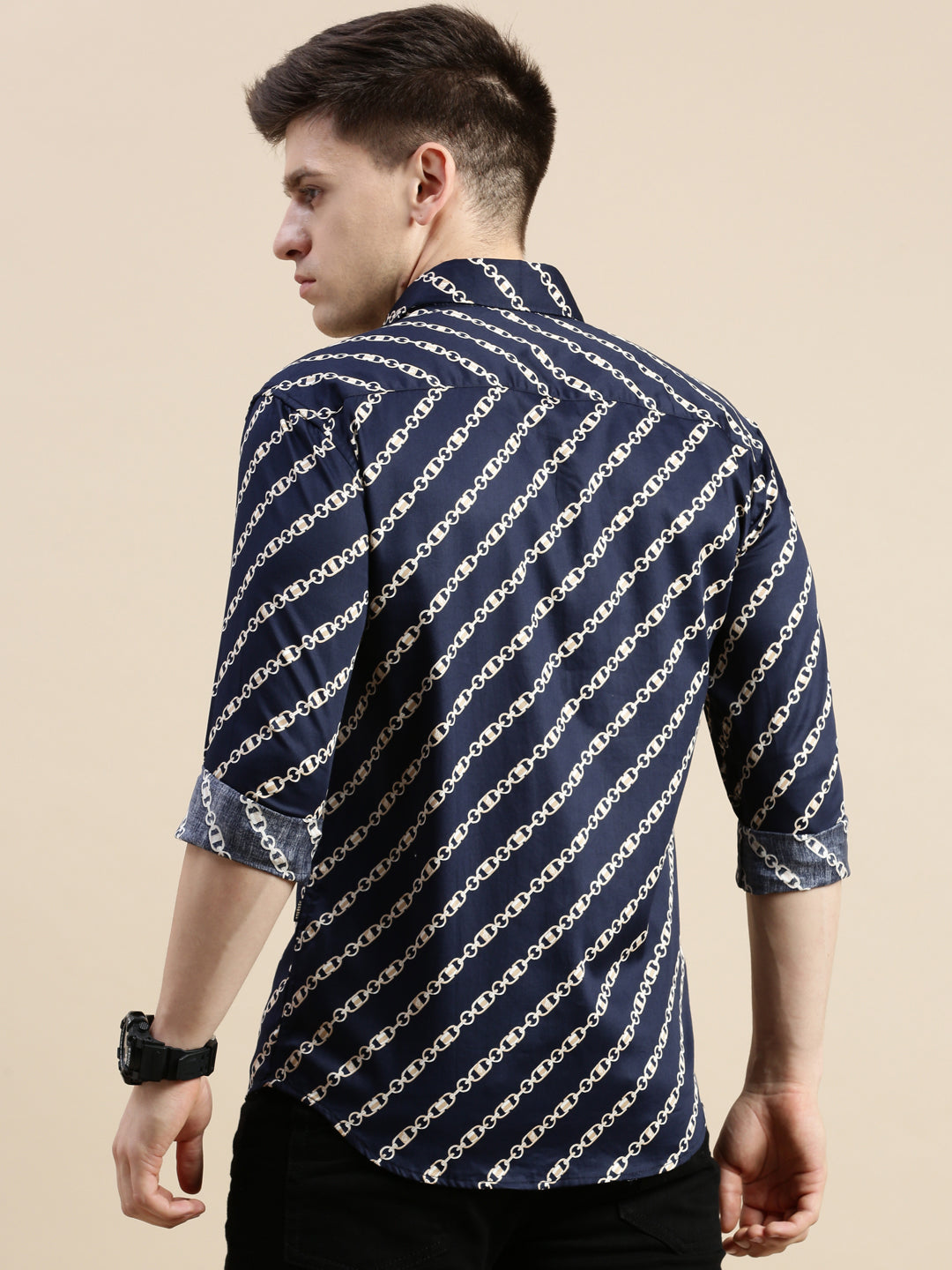 Men Navy Graphics Casual Shirt