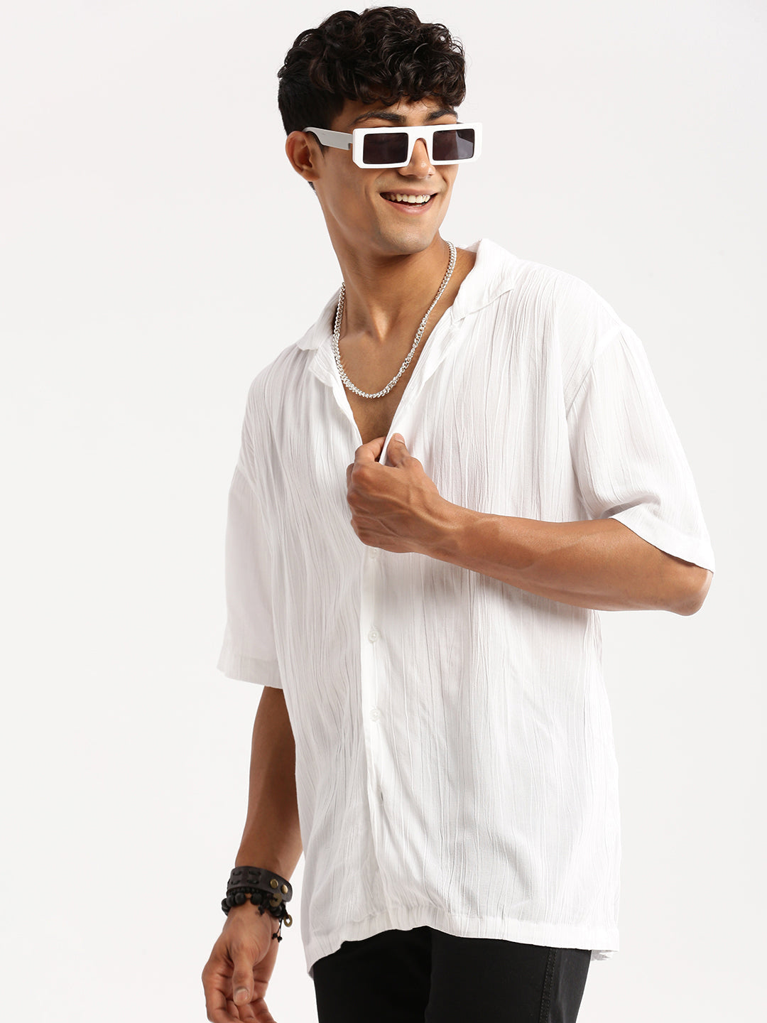 Men White Cuban Collar Solid Shirt