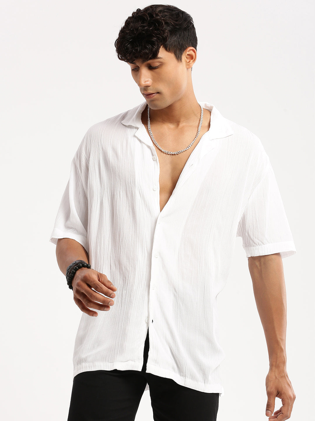 Men White Cuban Collar Solid Shirt