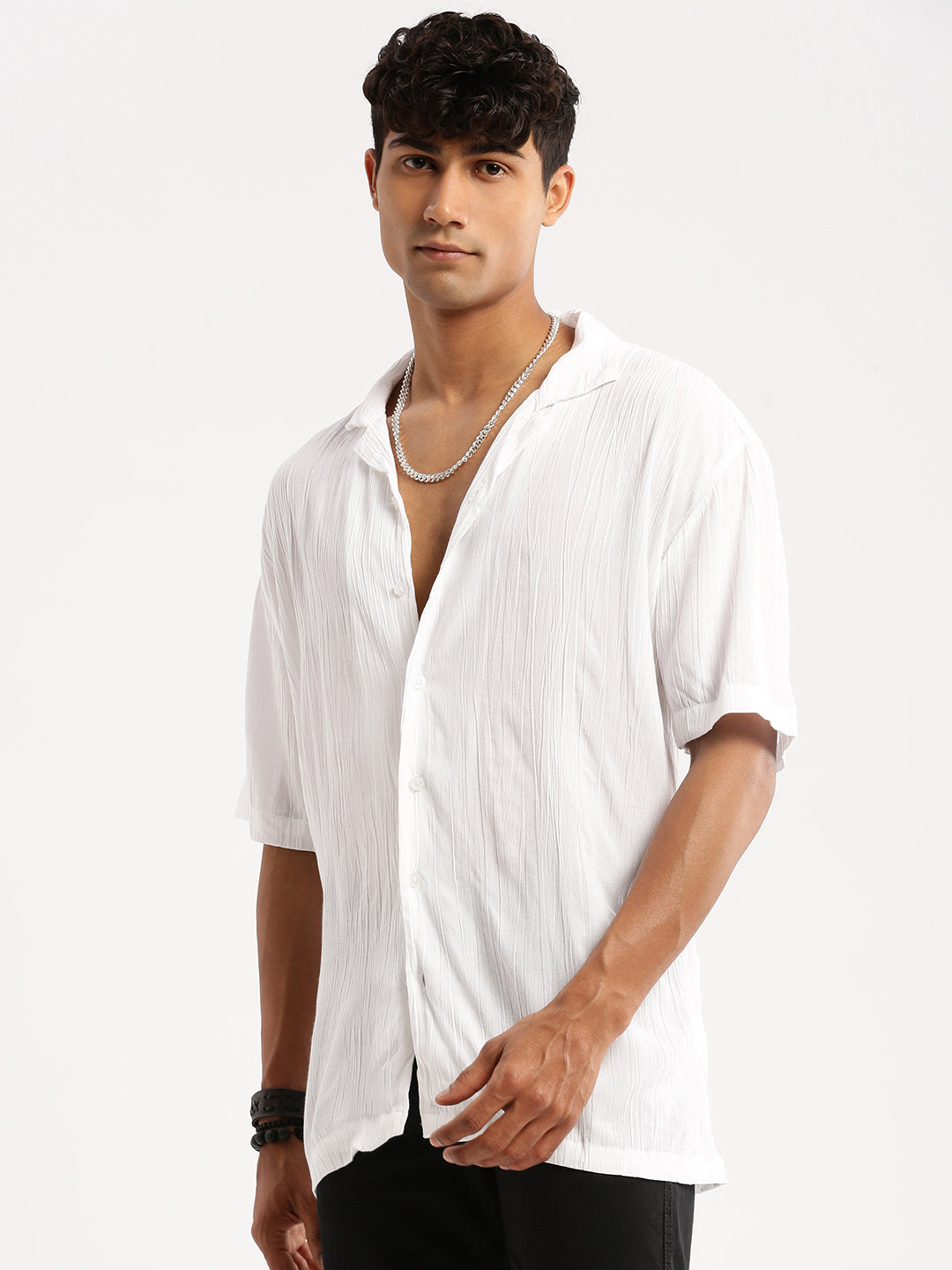 Men White Cuban Collar Solid Shirt