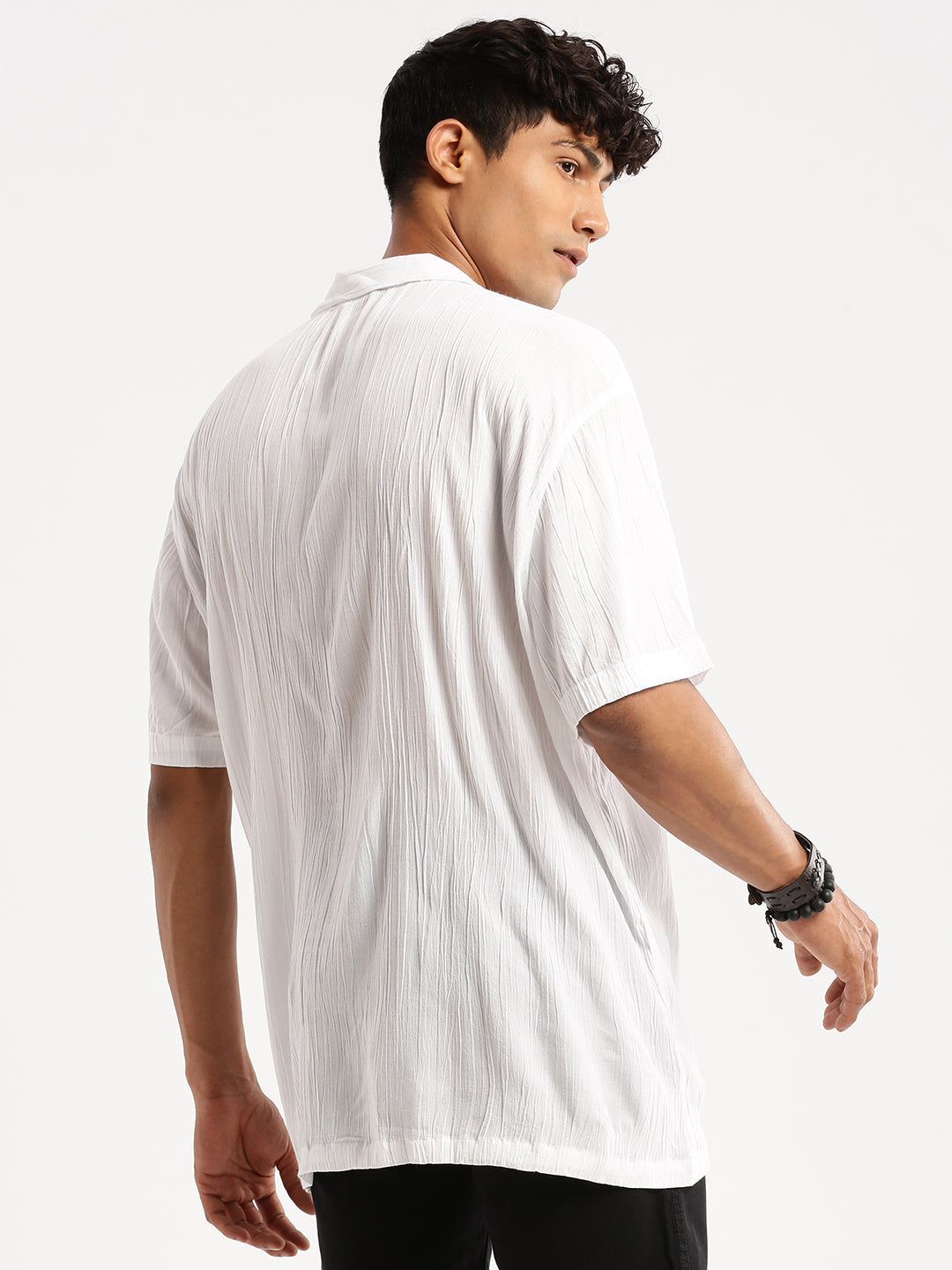 Men White Cuban Collar Solid Shirt