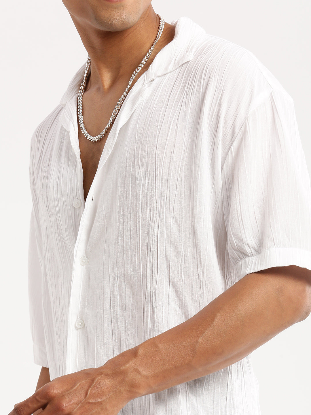 Men White Cuban Collar Solid Shirt