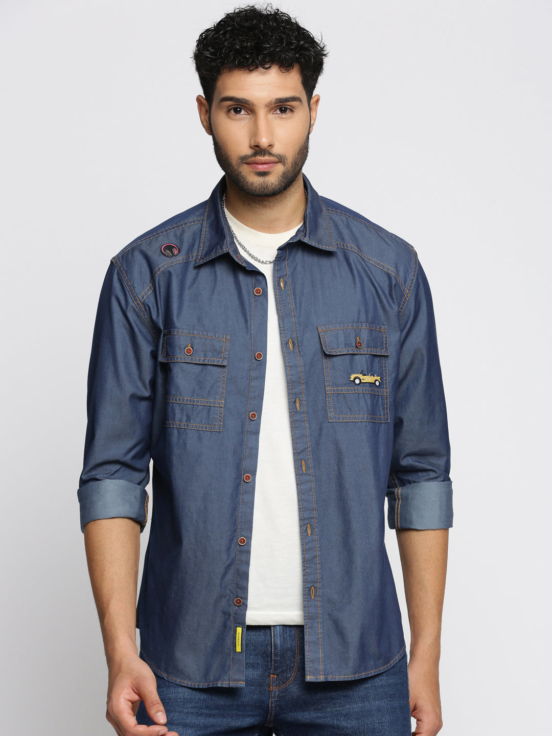 Men Navy Blue Spread Collar Solid Oversized Shirt