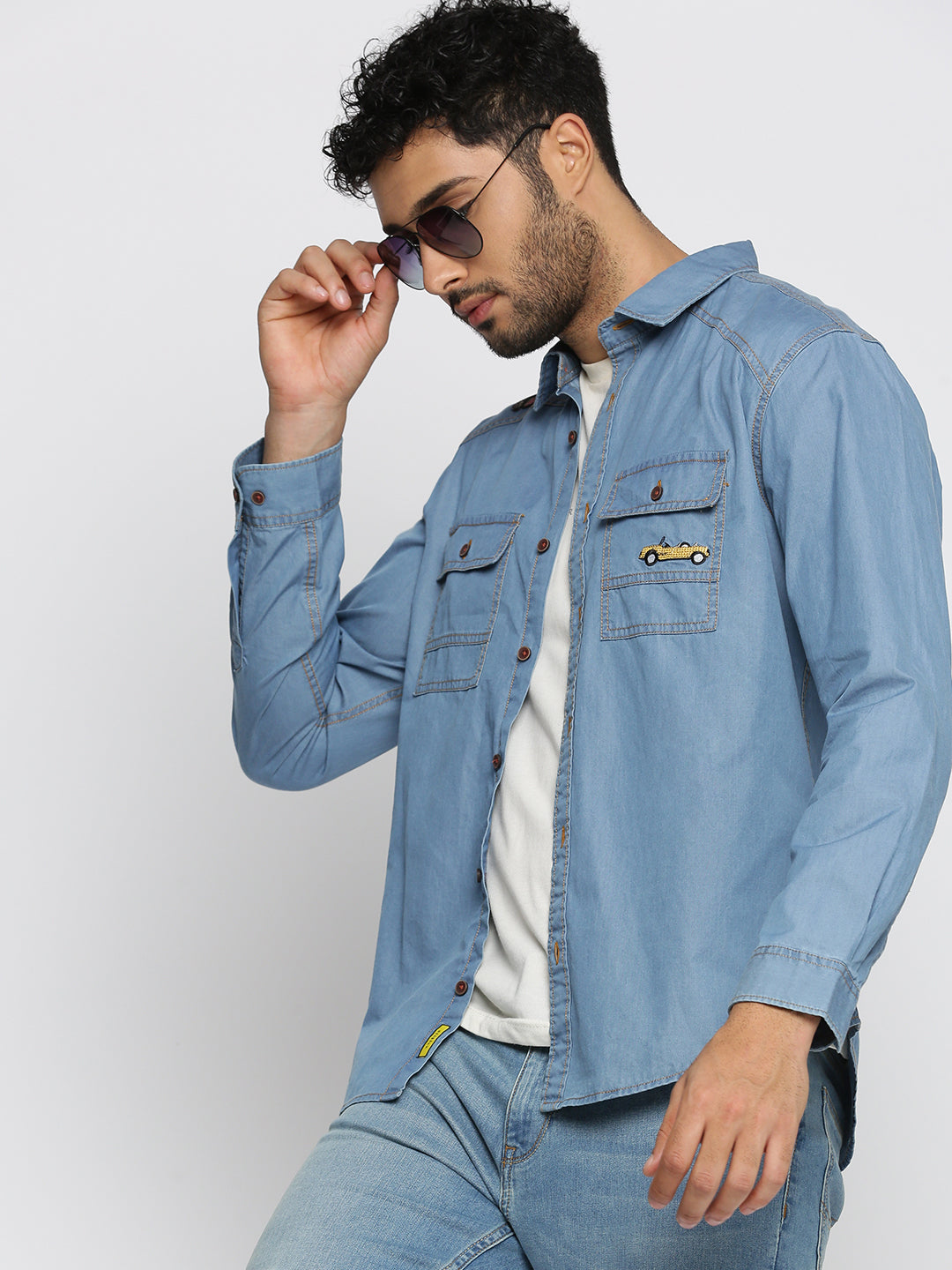 Men Blue Spread Collar Solid Oversized Shirt