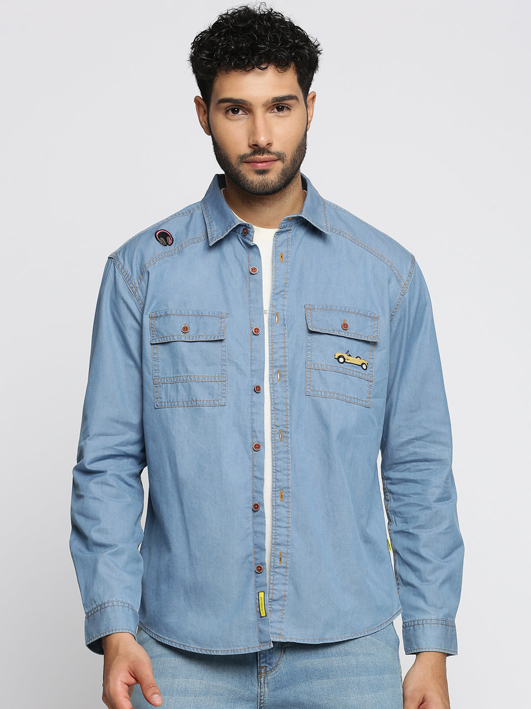 Men Blue Spread Collar Solid Oversized Shirt