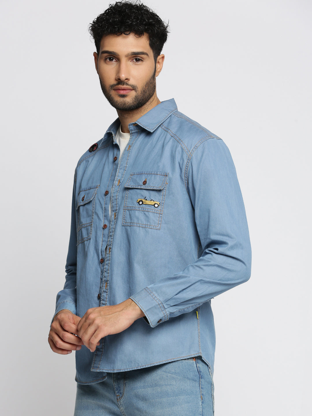 Men Blue Spread Collar Solid Oversized Shirt