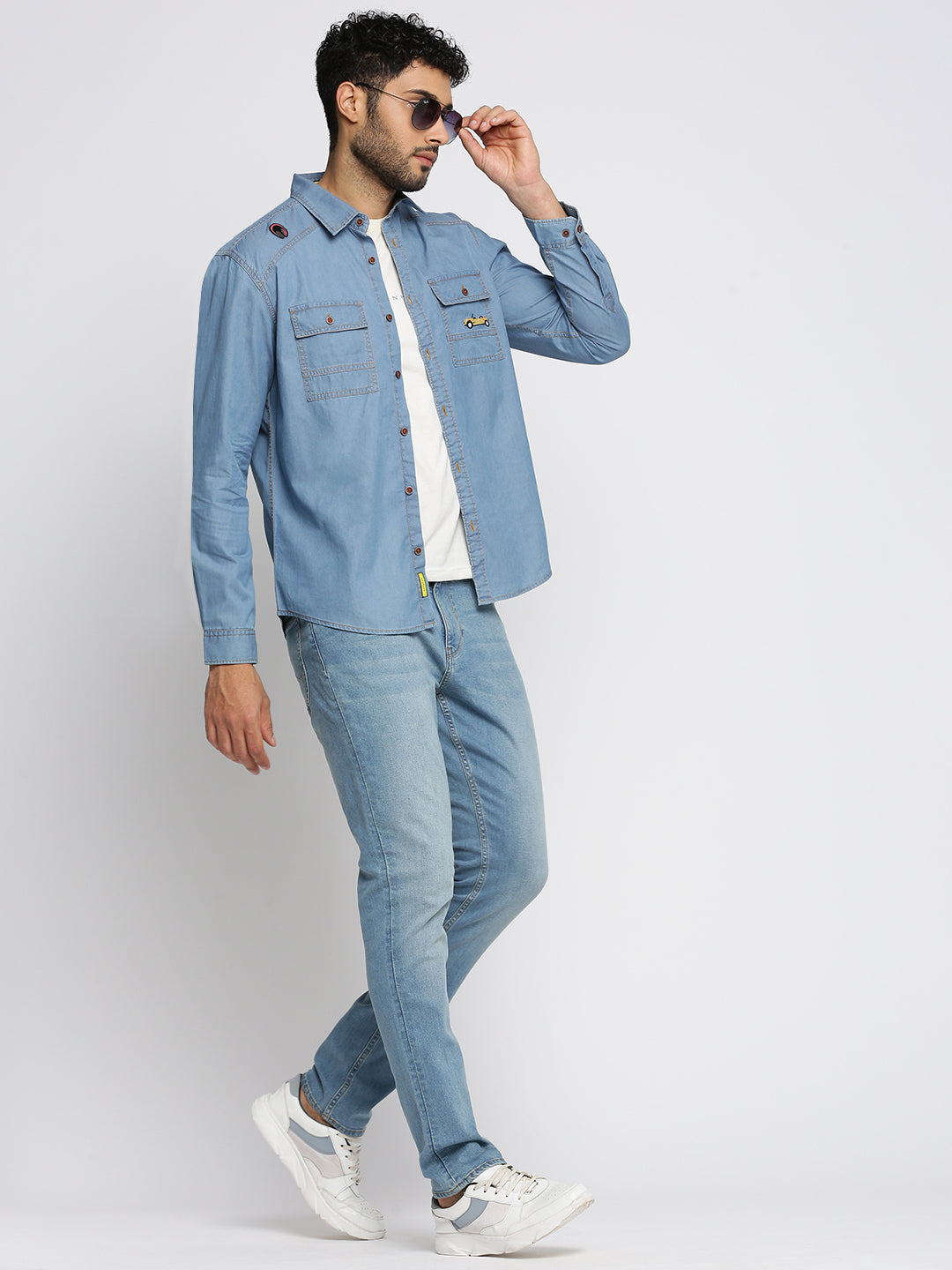 Men Blue Spread Collar Solid Oversized Shirt