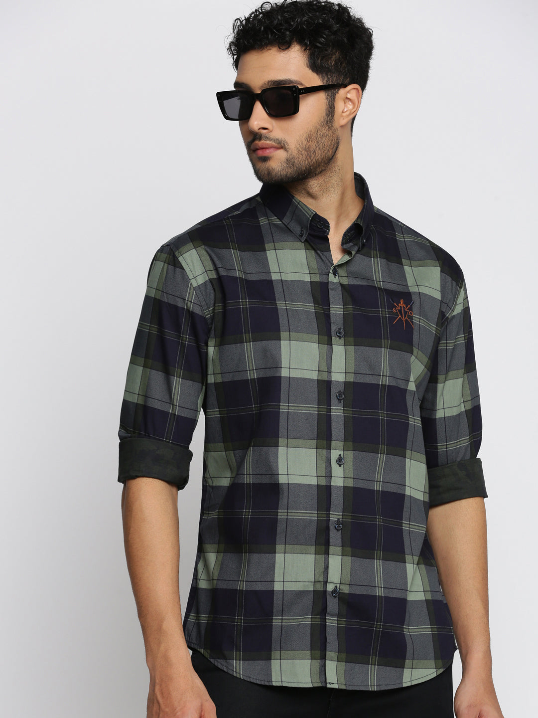 Men Navy Blue Spread Collar Tartan Checks Shirt