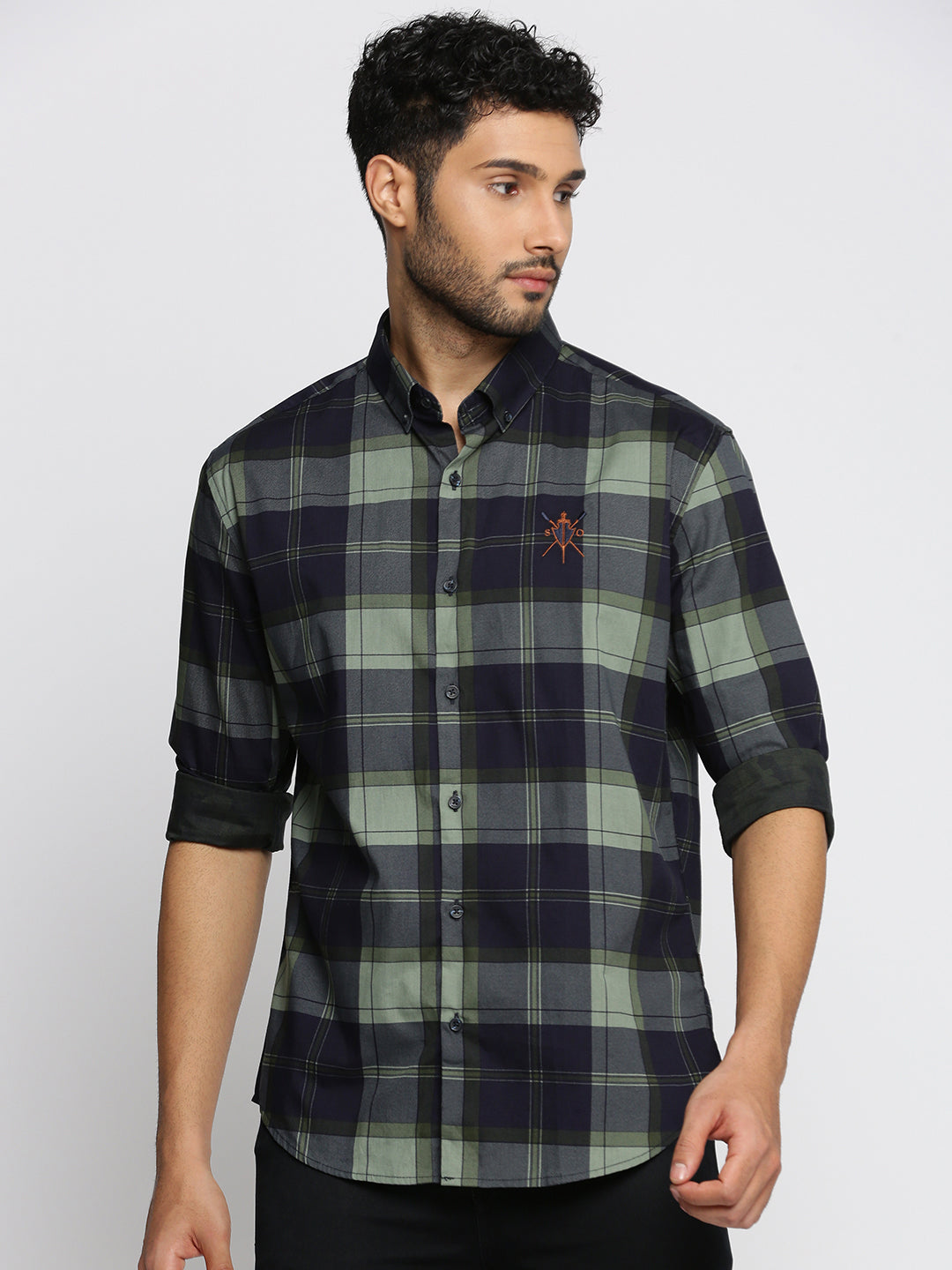 Men Navy Blue Spread Collar Tartan Checks Shirt