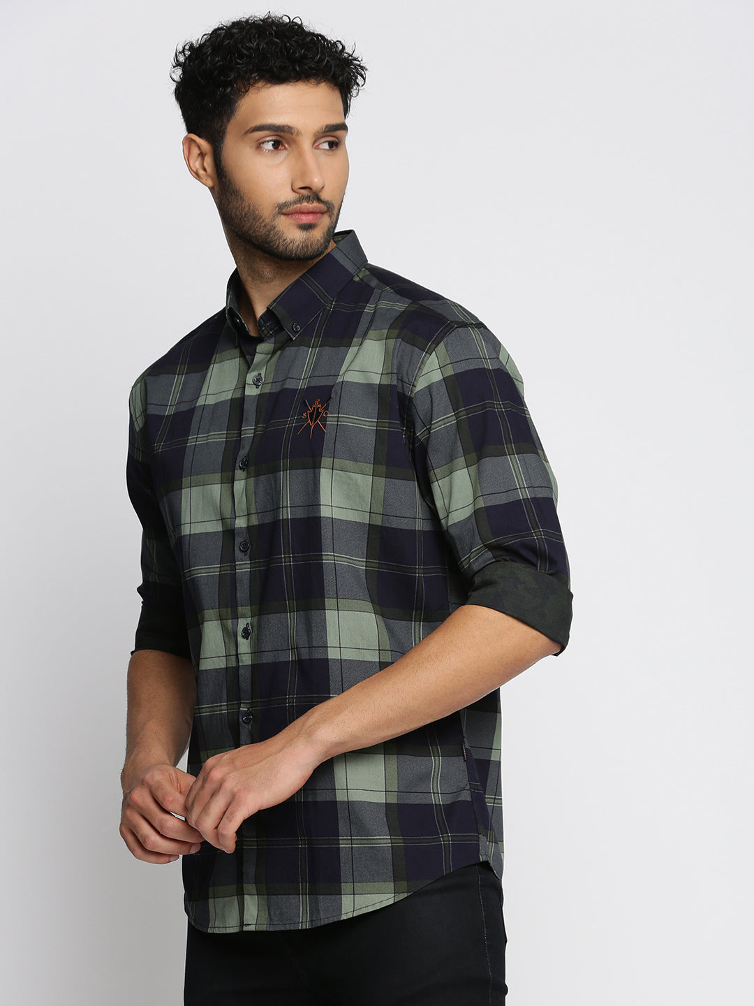 Men Navy Blue Spread Collar Tartan Checks Shirt