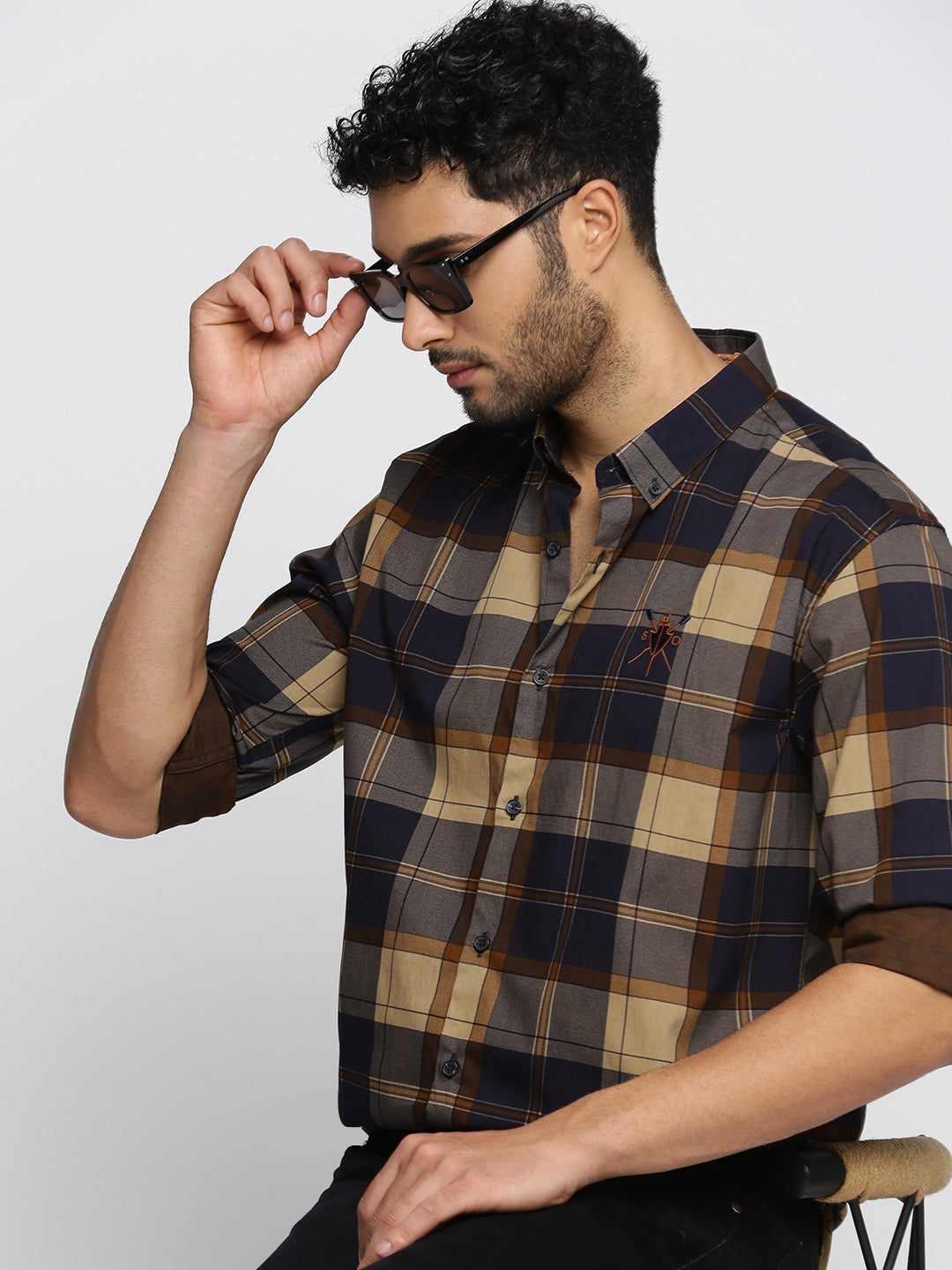 Men's Navy Blue Spread Collar Tartan Checks Shirt