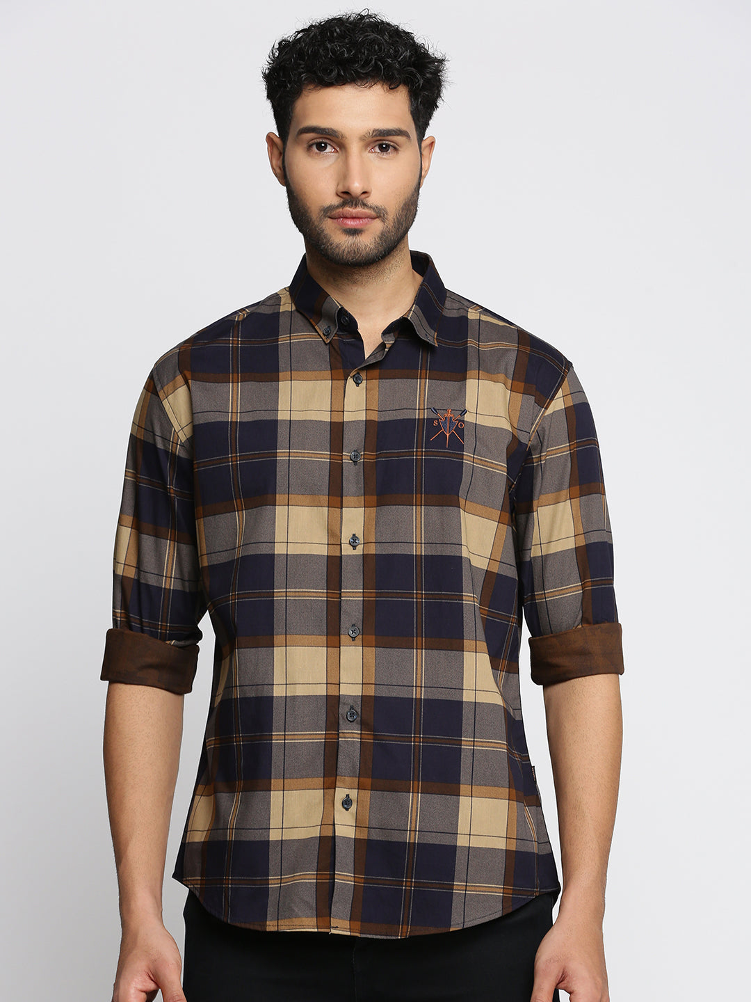 Men's Navy Blue Spread Collar Tartan Checks Shirt