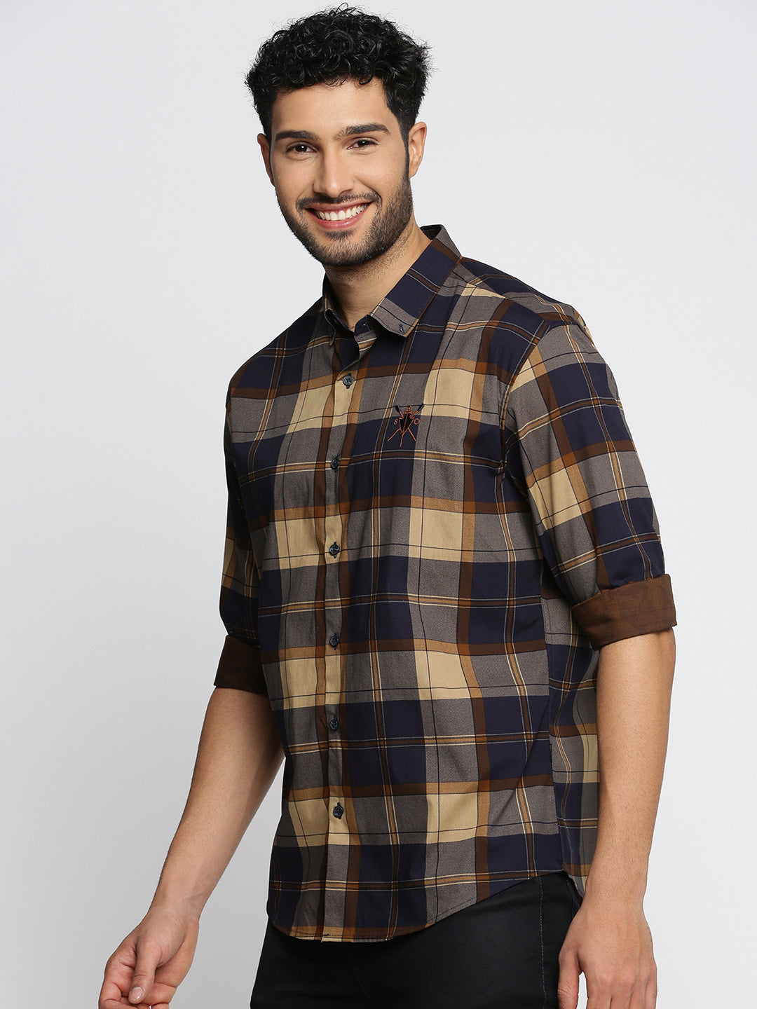 Men's Navy Blue Spread Collar Tartan Checks Shirt