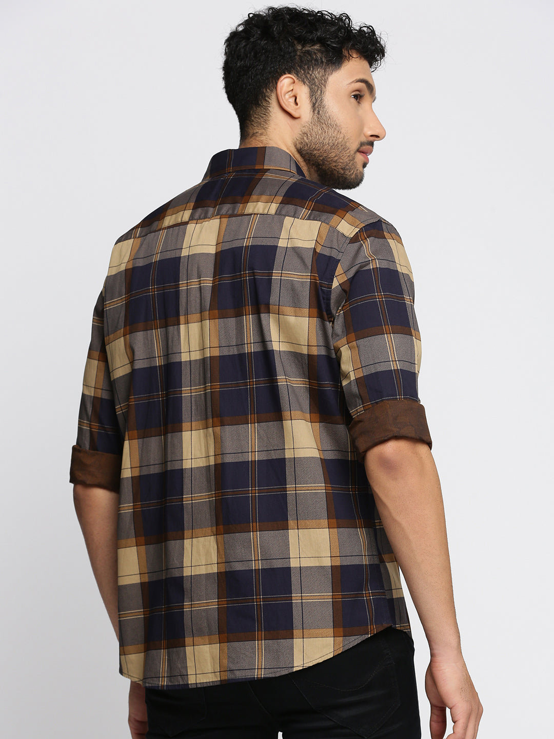 Men's Navy Blue Spread Collar Tartan Checks Shirt