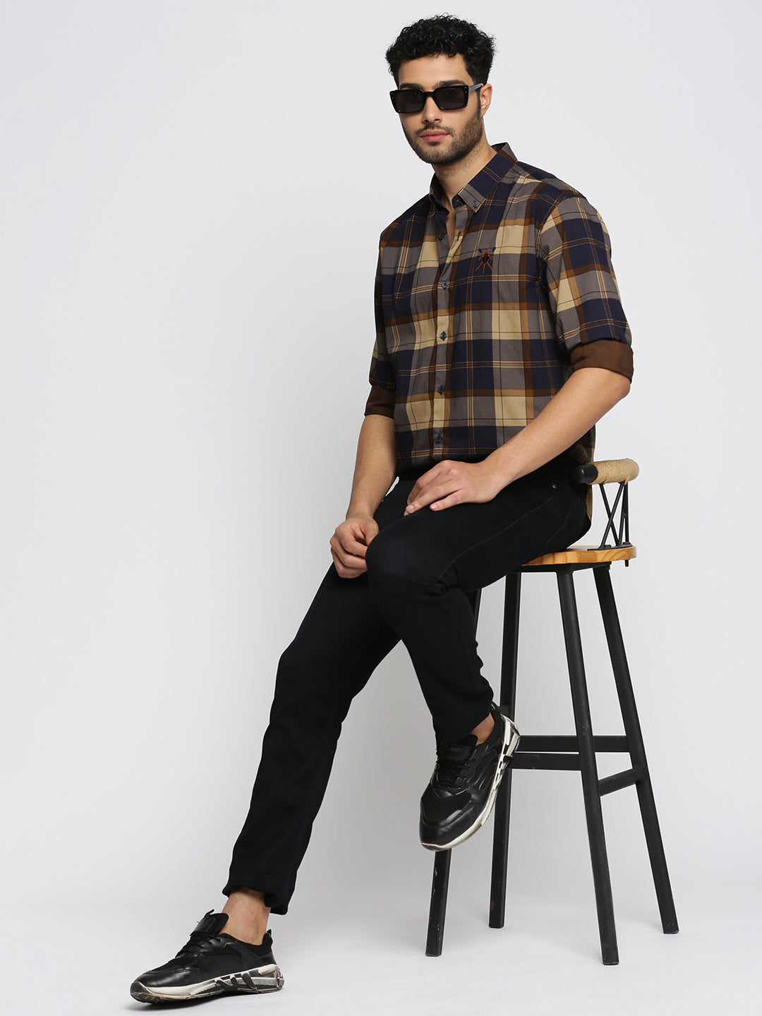 Men's Navy Blue Spread Collar Tartan Checks Shirt