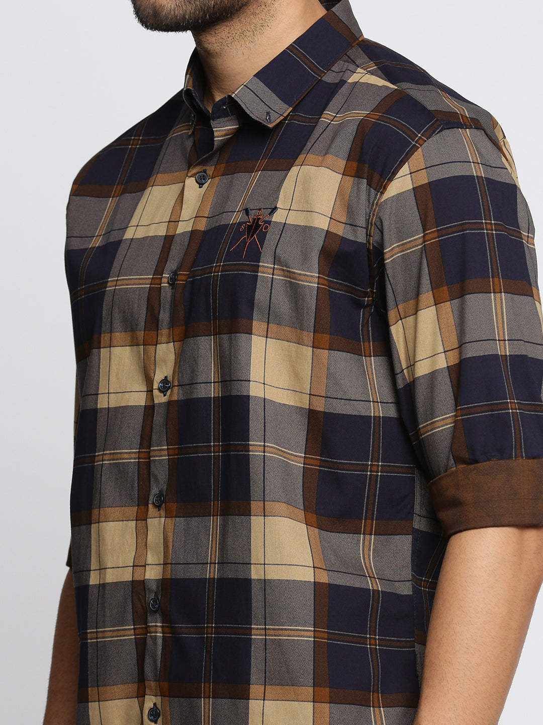 Men's Navy Blue Spread Collar Tartan Checks Shirt