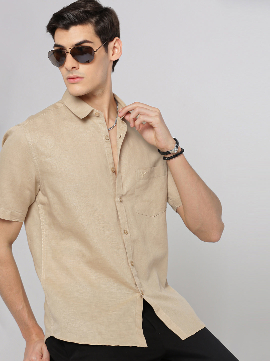 Men Beige Spread Collar Solid Shirt