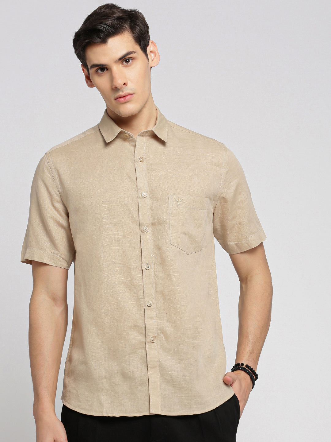 Men Beige Spread Collar Solid Shirt