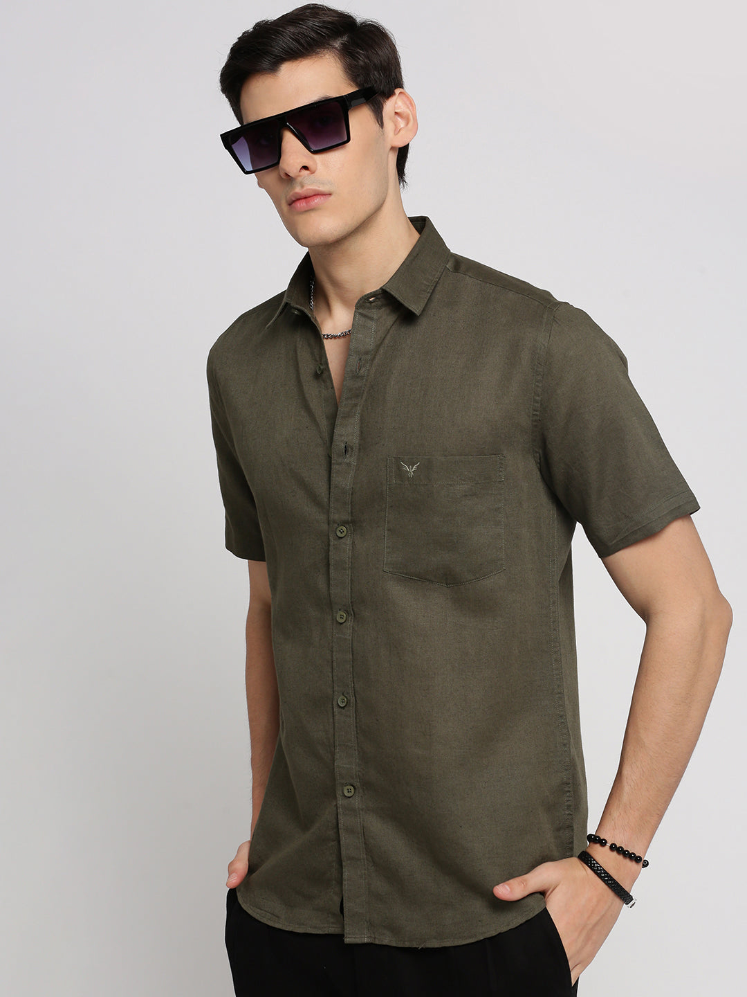 Men Olive Spread Collar Solid Shirt