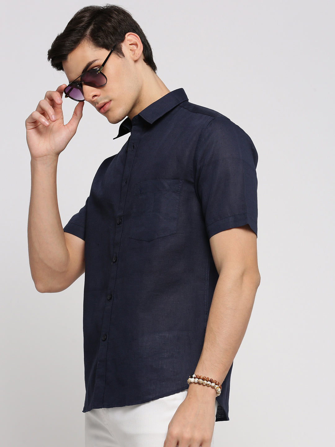 Men Navy Blue Spread Collar Solid Shirt