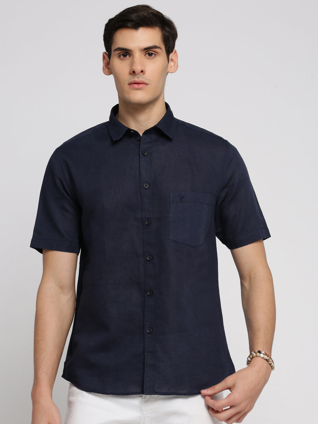 Men Navy Blue Spread Collar Solid Shirt