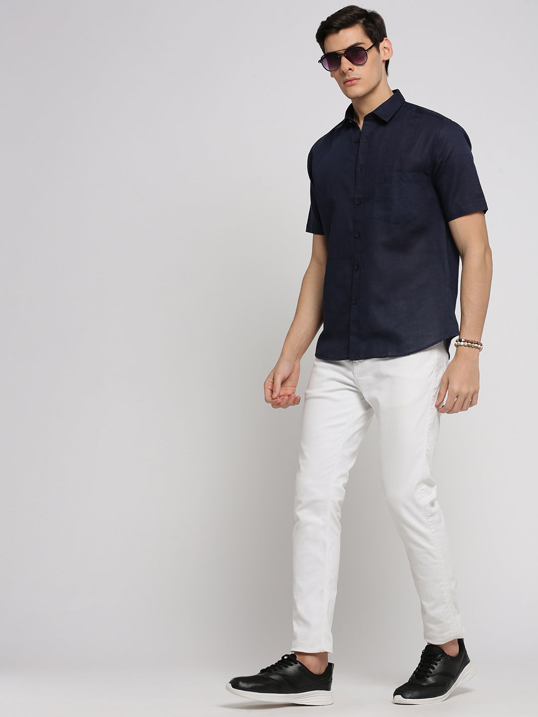 Men Navy Blue Spread Collar Solid Shirt