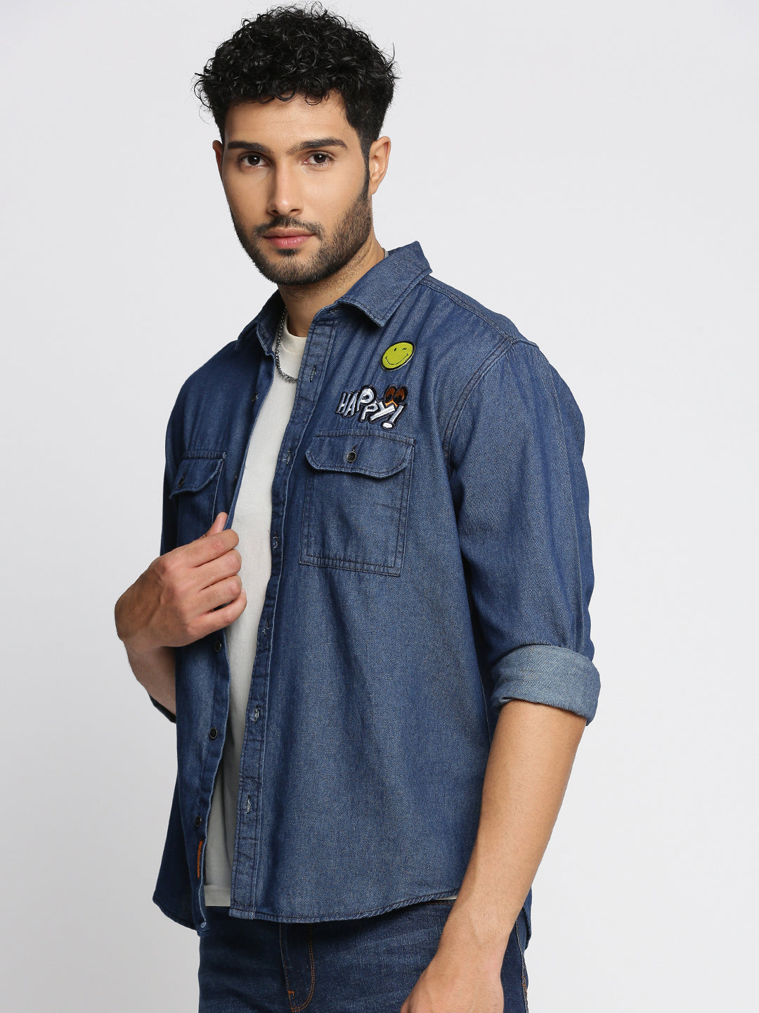 Men Navy Blue Spread Collar Solid Oversized Shirt