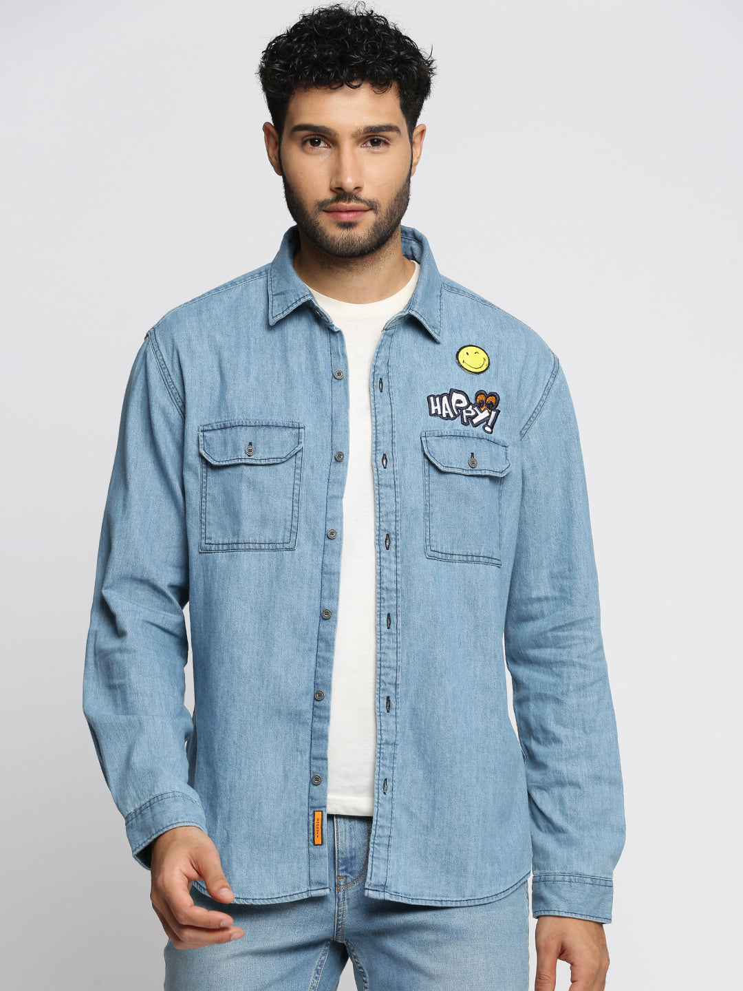 Men Blue Spread Collar Solid Oversized Shirt