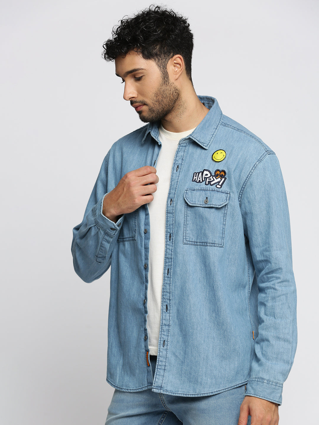 Men Blue Spread Collar Solid Oversized Shirt