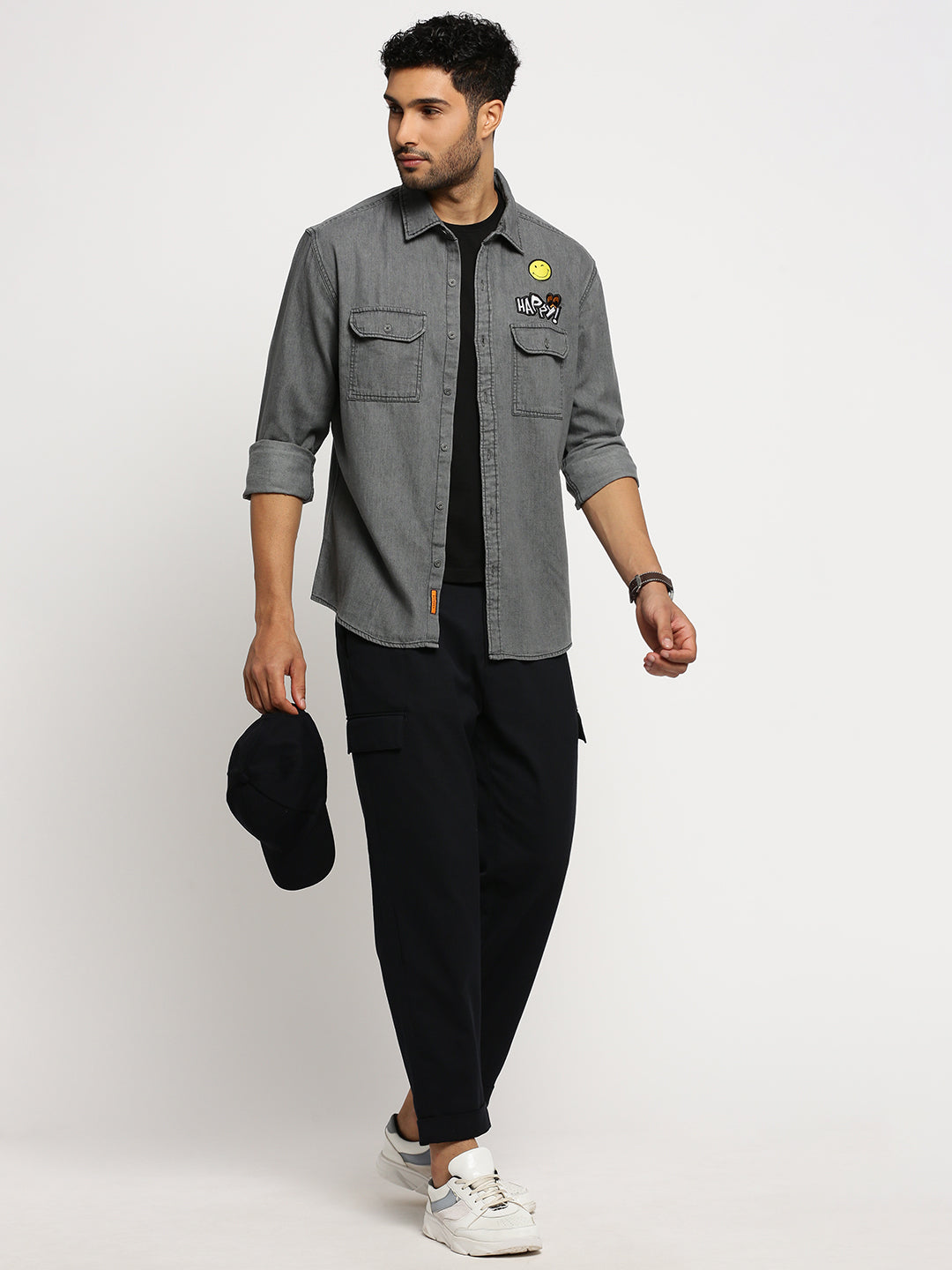 Men Grey Spread Collar Solid Oversized Shirt