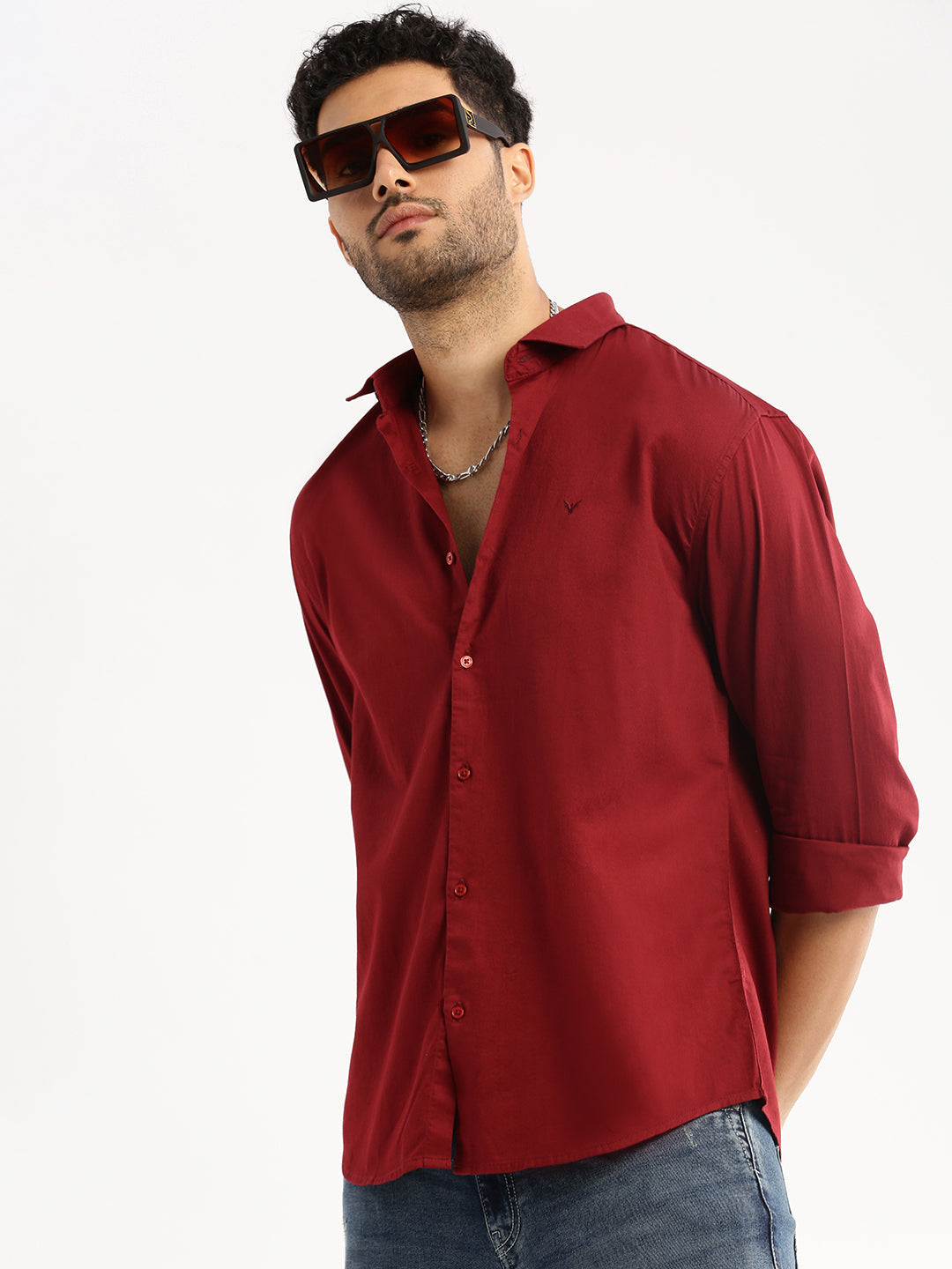 Men Maroon Spread Collar Solid Shirt