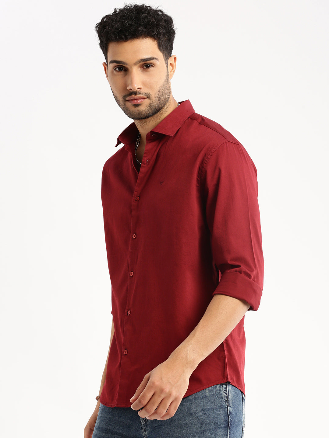 Men Maroon Spread Collar Solid Shirt