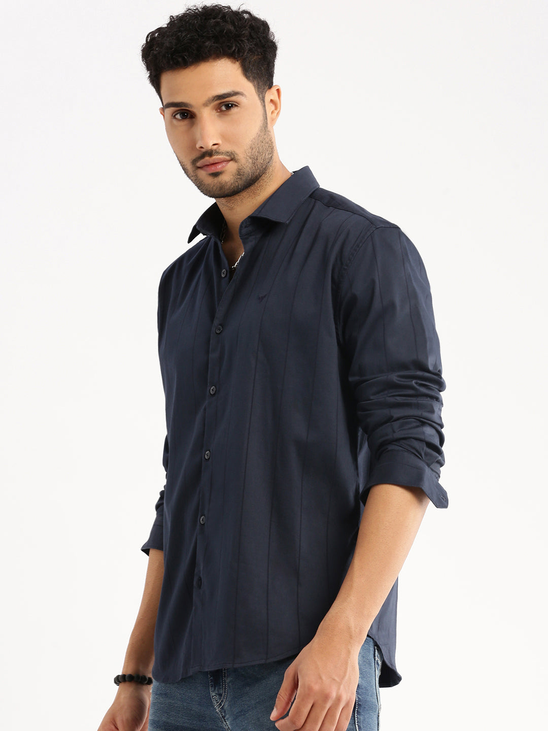 Men Navy Blue Spread Collar Vertical Stripes Shirt