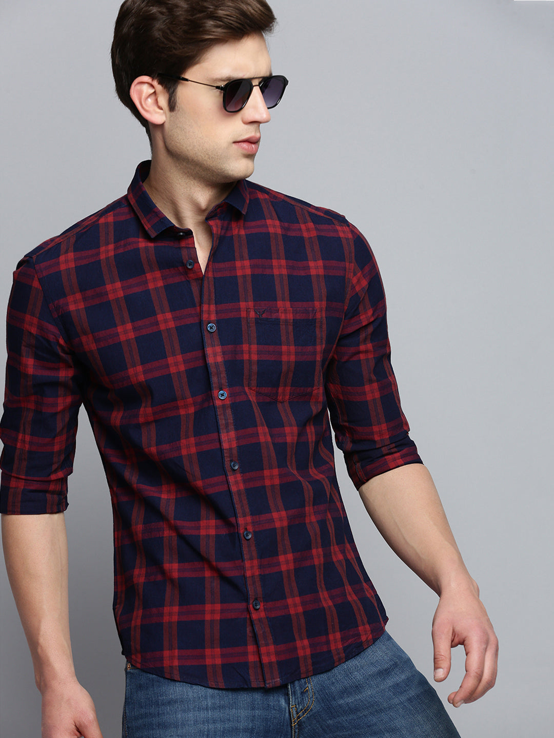 Men Navy Checked Casual Shirt