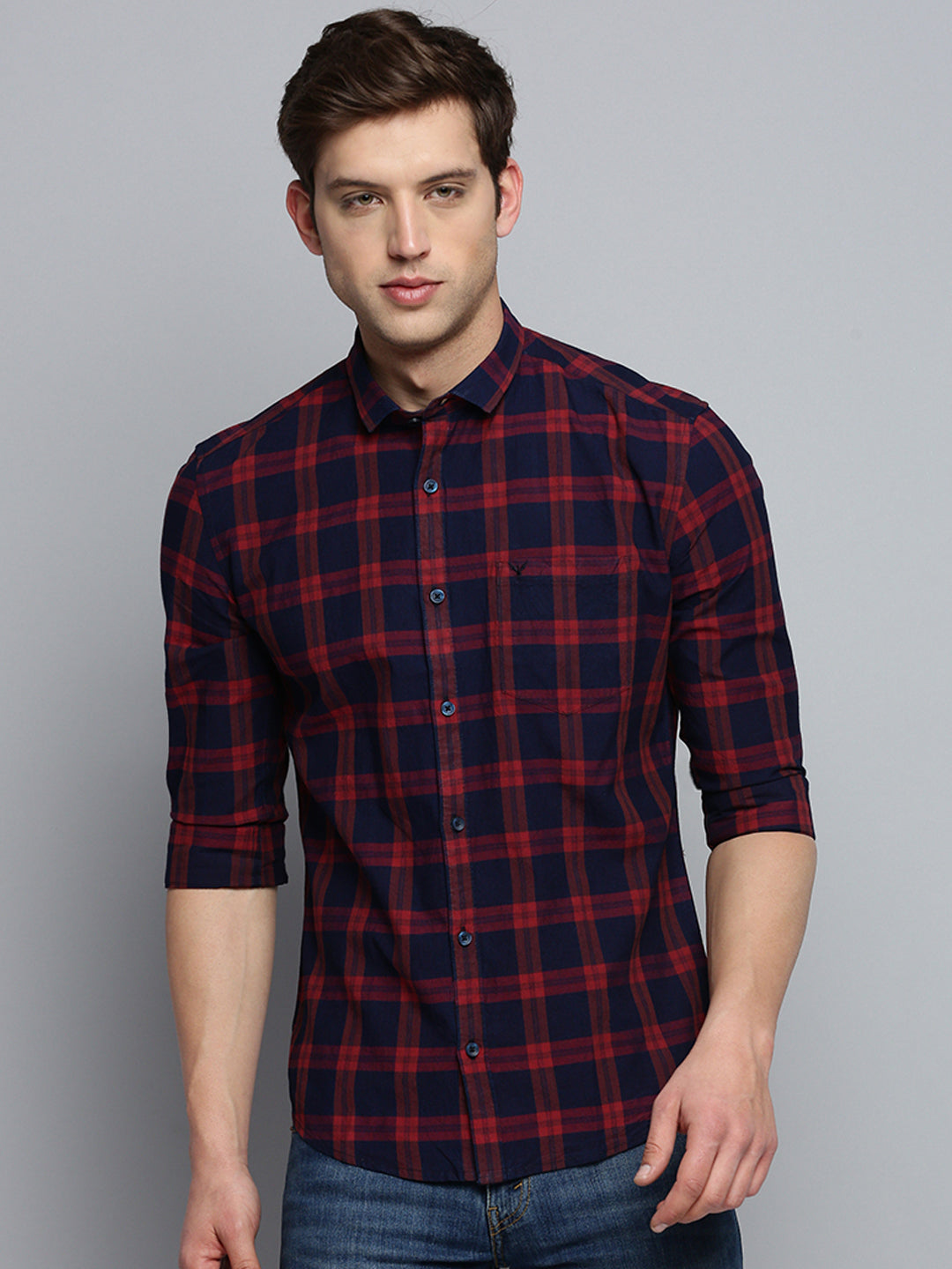 Men Navy Checked Casual Shirt