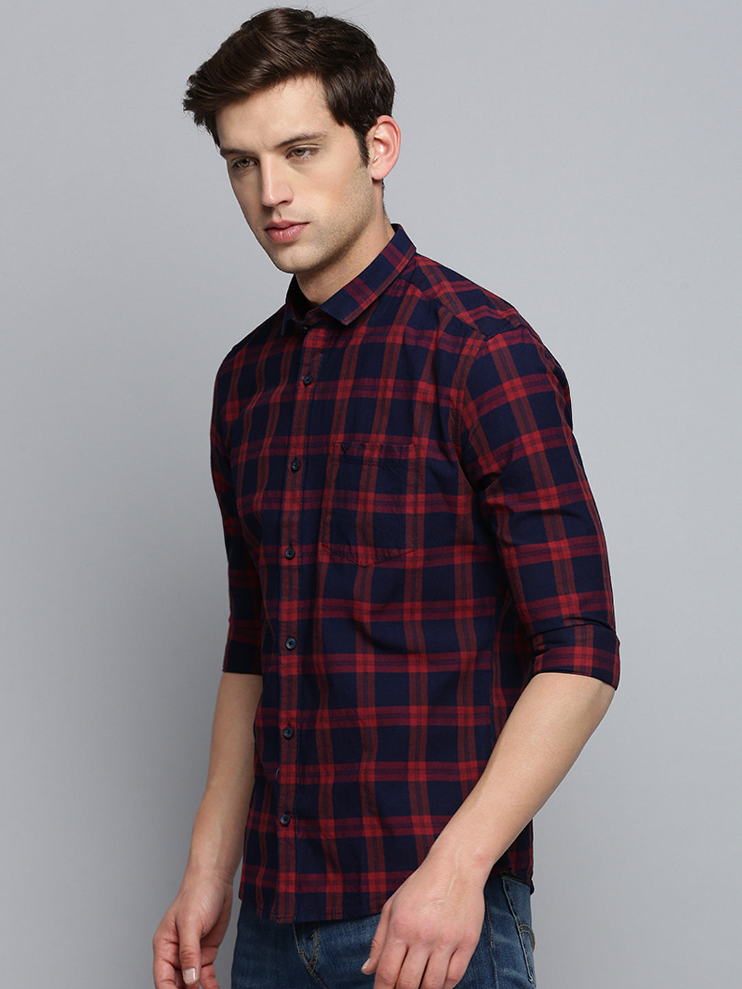 Men Navy Checked Casual Shirt