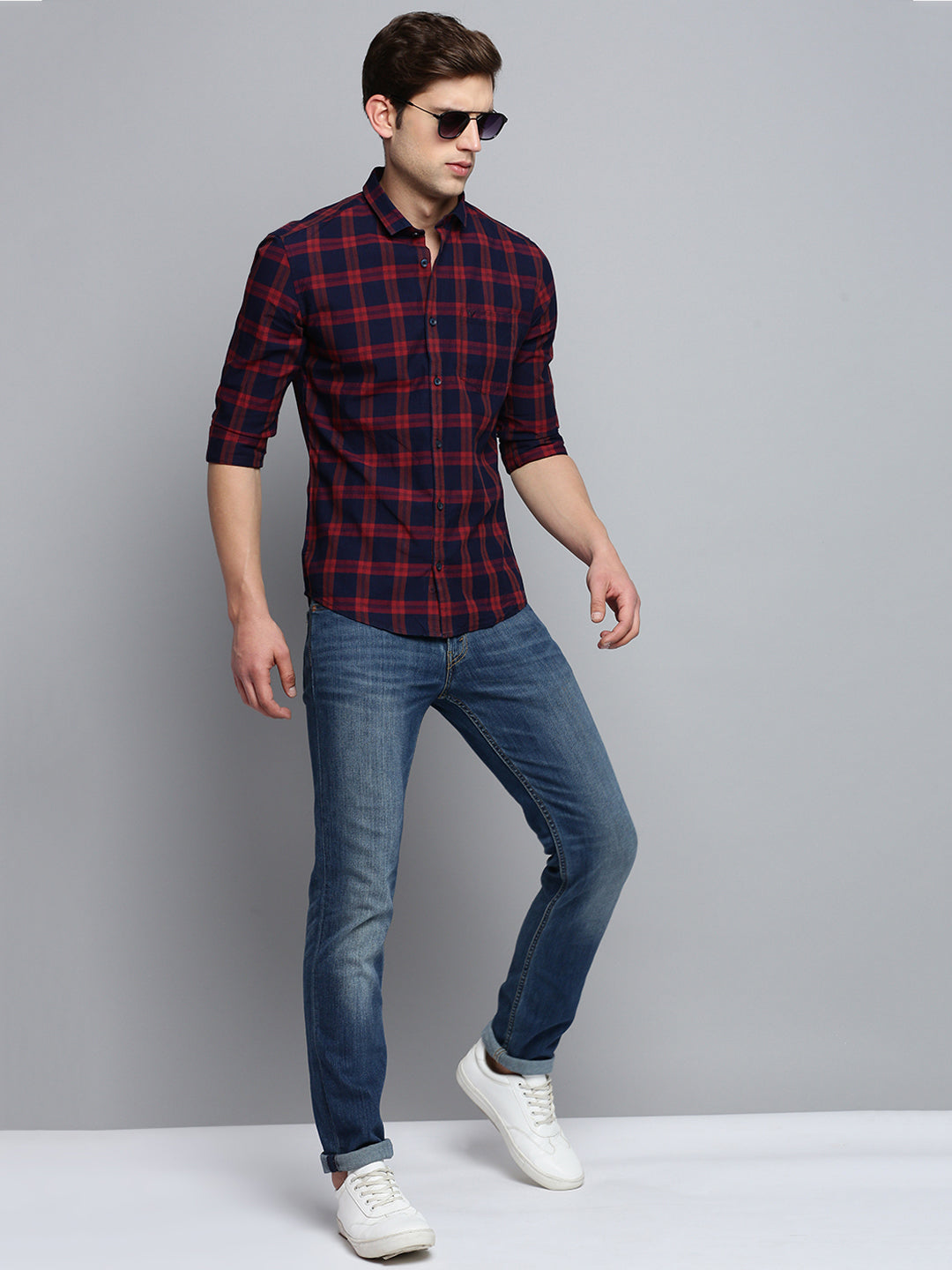 Men Navy Checked Casual Shirt