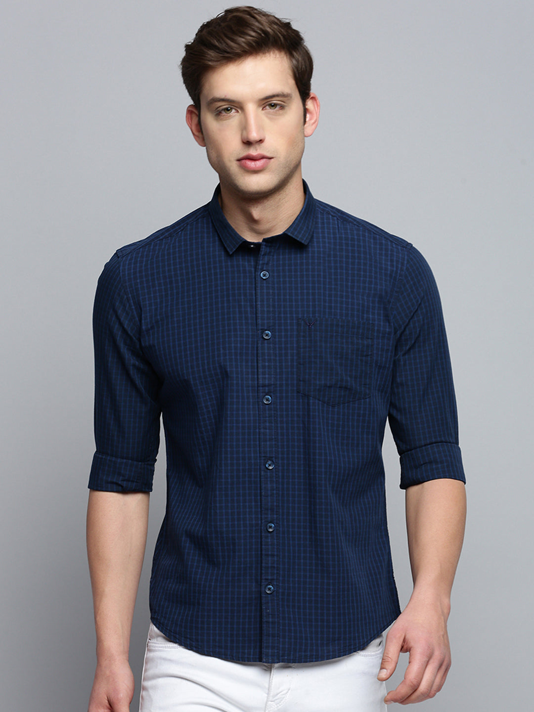 Men Navy Checked Casual Shirt