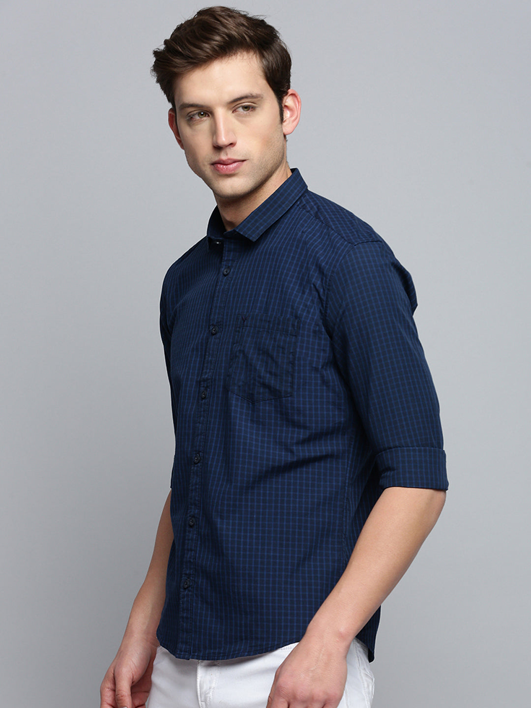 Men Navy Checked Casual Shirt