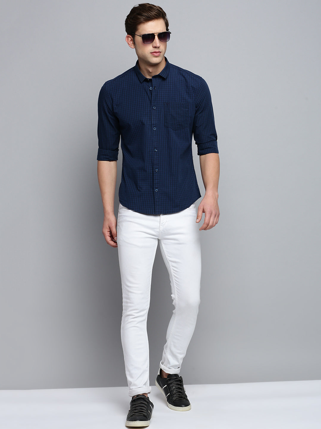 Men Navy Checked Casual Shirt