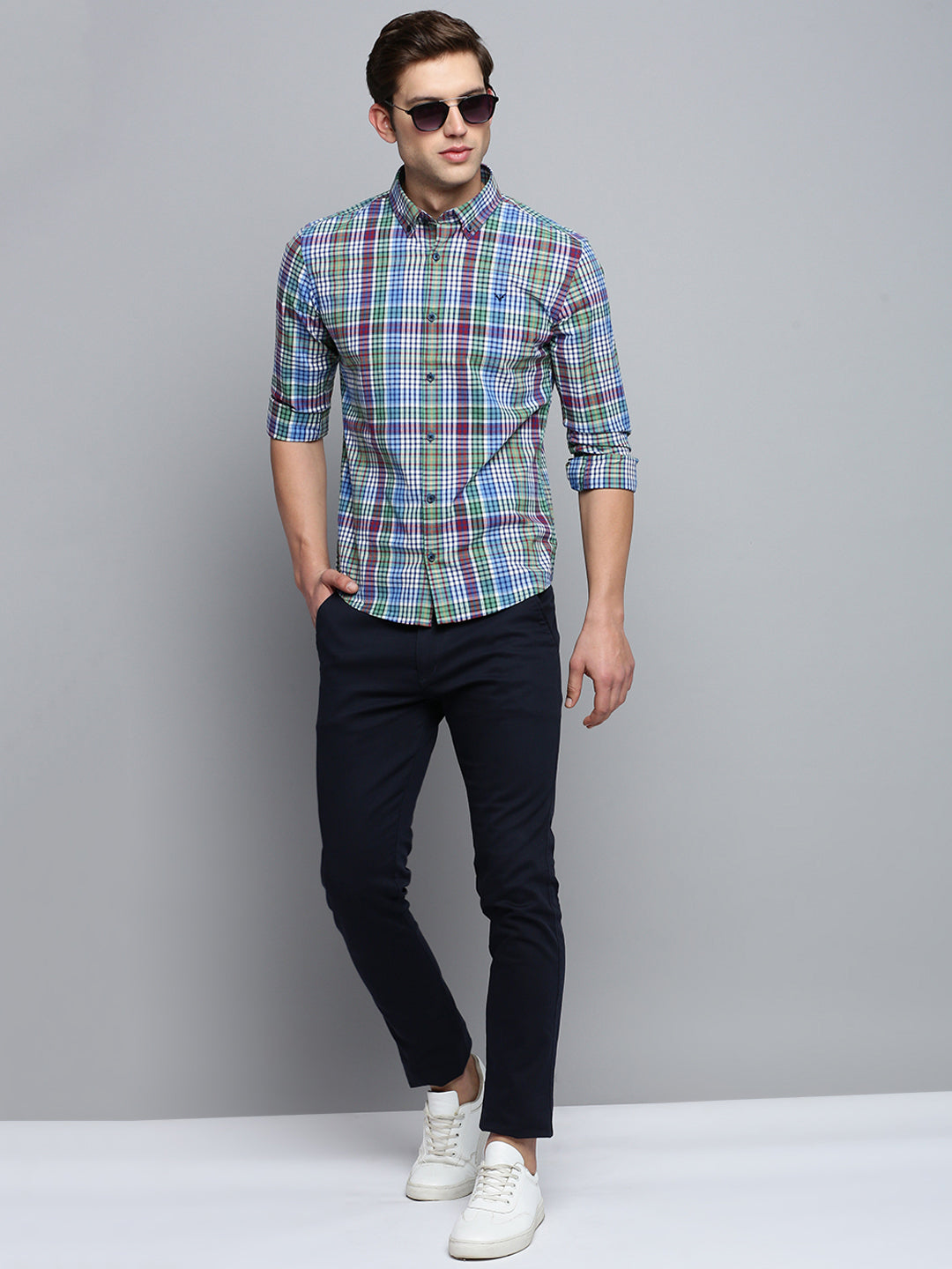 Men Blue Checked Casual Shirt