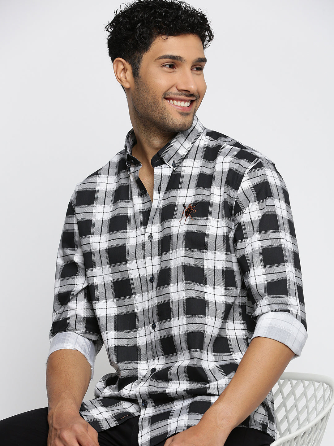 Men Black Spread Collar Tartan Checks Shirt