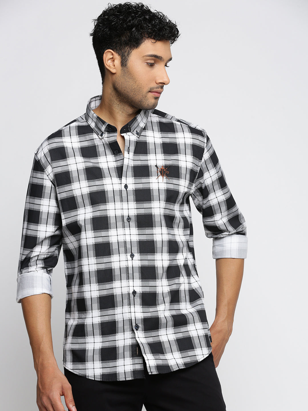 Men Black Spread Collar Tartan Checks Shirt