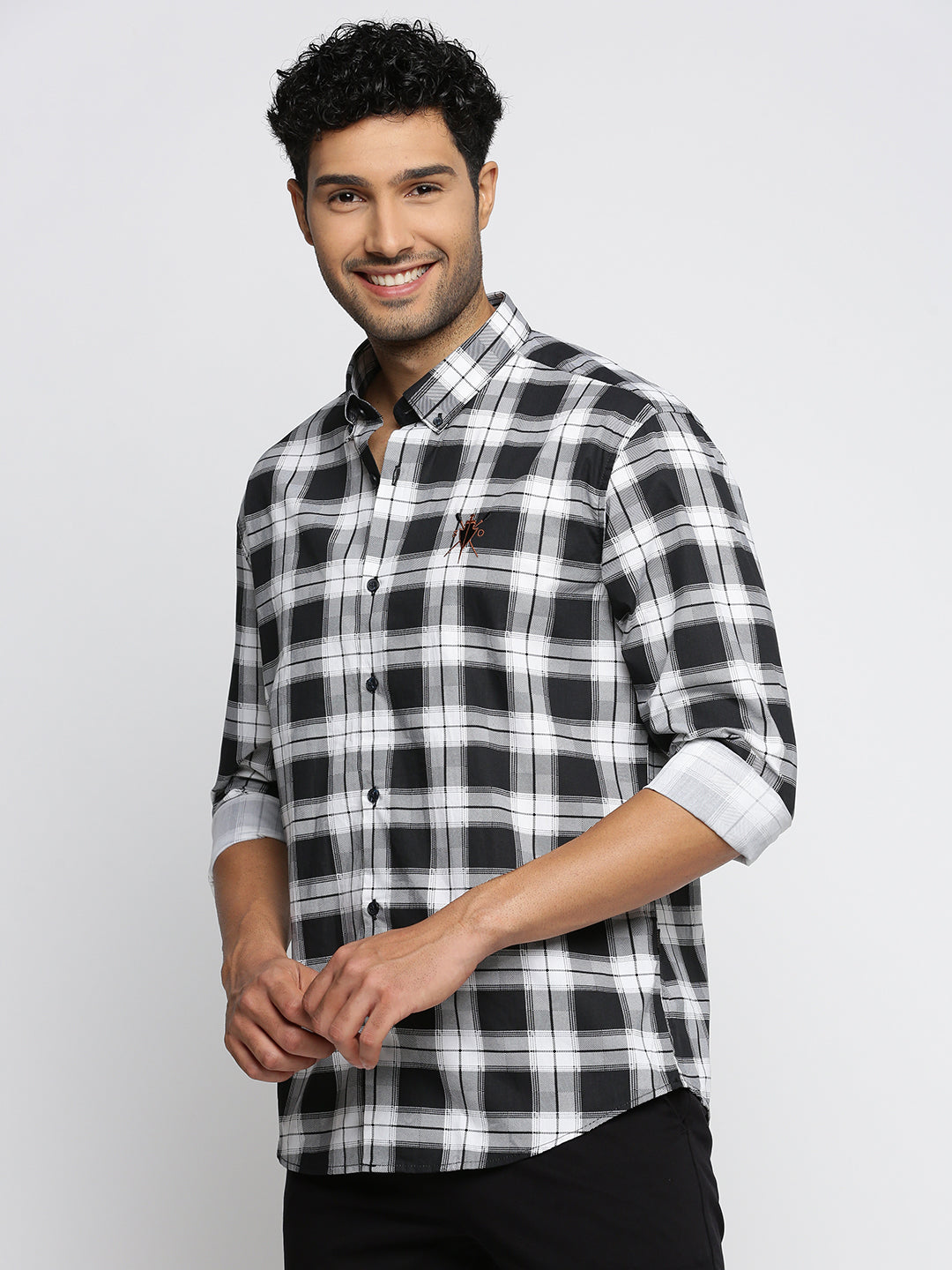 Men Black Spread Collar Tartan Checks Shirt