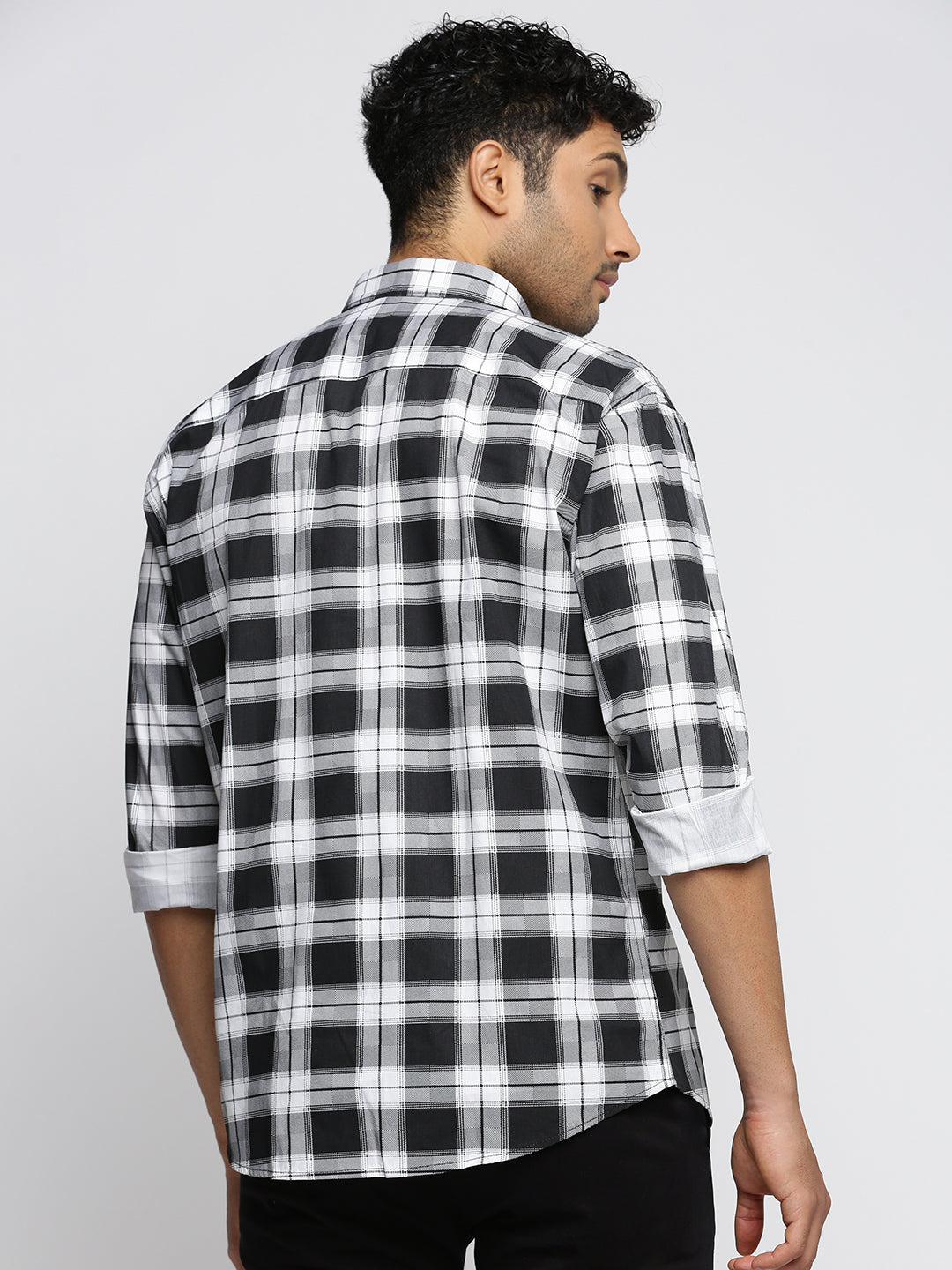 Men Black Spread Collar Tartan Checks Shirt