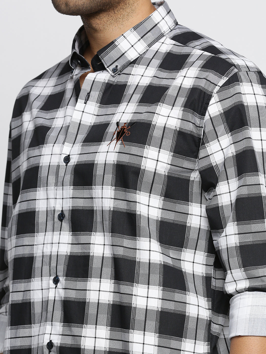 Men Black Spread Collar Tartan Checks Shirt